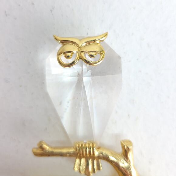 Vintage Owl on Branch Figurine Beveled Crystal Prism Gold Toned Glass Wise - Picture 7 of 8